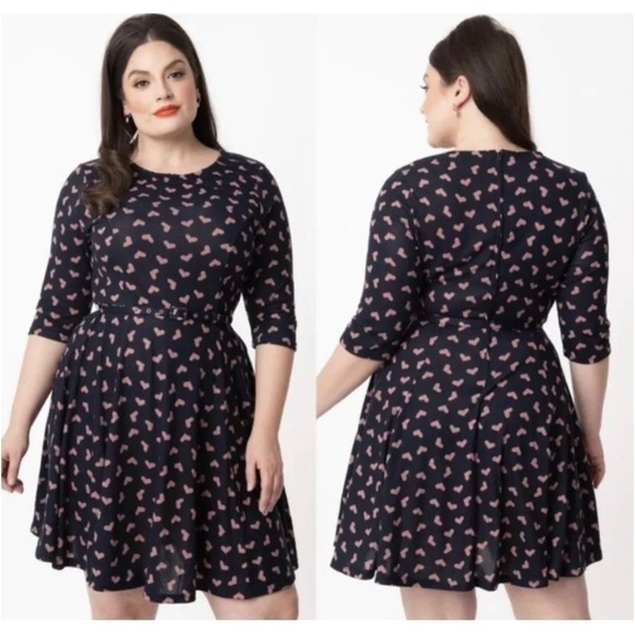 Unique Vintage Dresses & Skirts - Unique Vintage Knit Navy Dress Pink Hearts Size 3x/20 Retro 50s Valentines Day